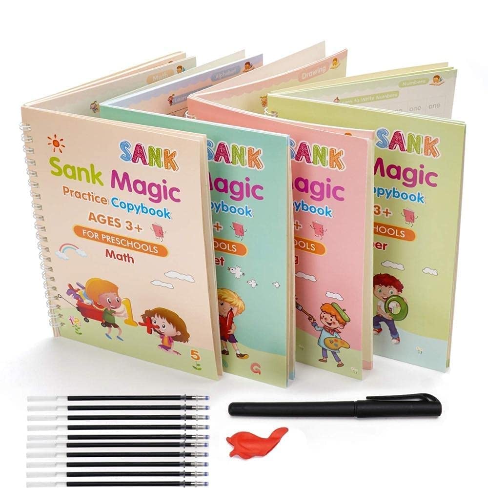 Magic Book for Kids, Sank Magic Practice Copybook, (4 Book+10 Refill+1 Pen+1 Grip) Number Tracing Book for Pre-Schoolers with Pen, Magic Calligraphy Copybook Set Writing Tool for Kids