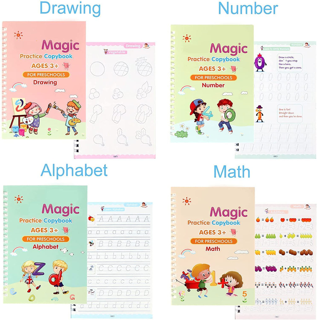 Magic Book for Kids, Sank Magic Practice Copybook, (4 Book+10 Refill+1 Pen+1 Grip) Number Tracing Book for Pre-Schoolers with Pen, Magic Calligraphy Copybook Set Writing Tool for Kids