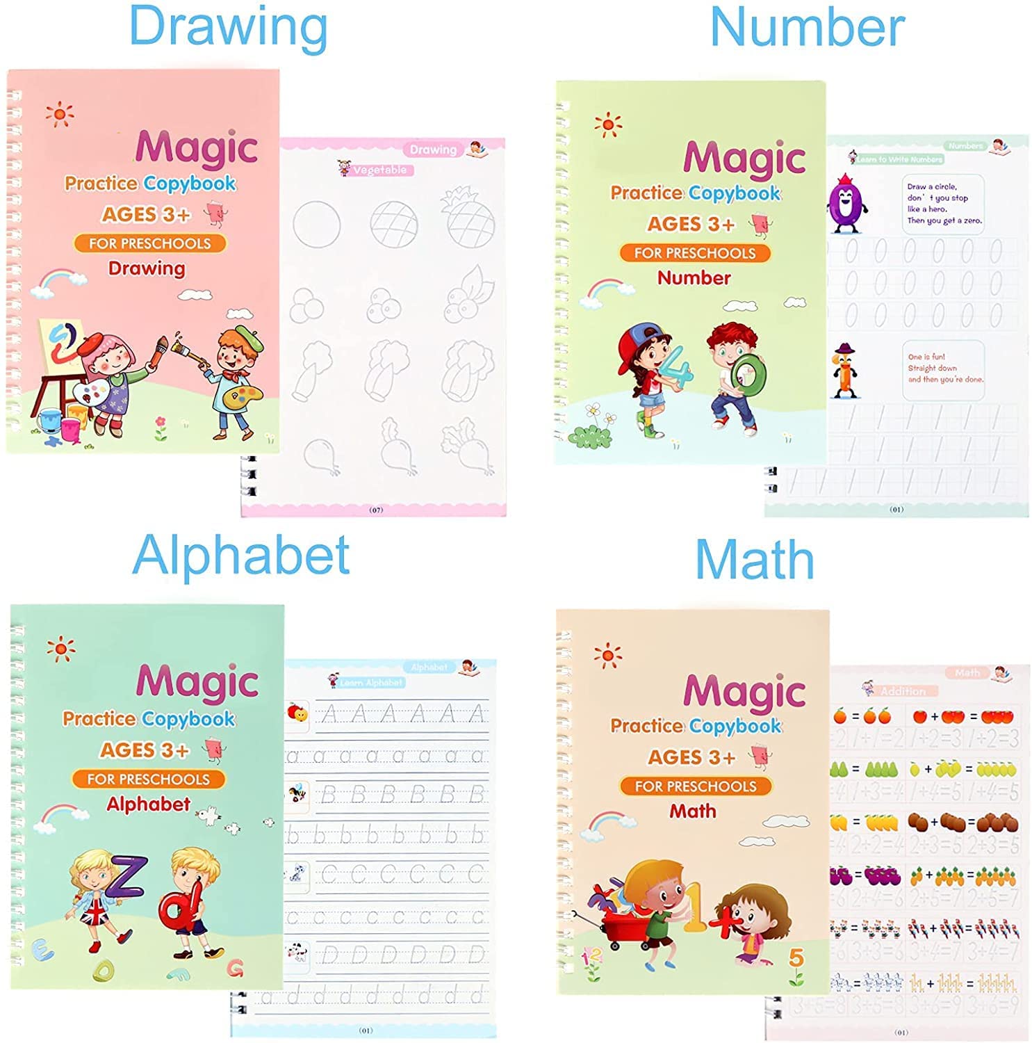 Magic Book for Kids, Sank Magic Practice Copybook, (4 Book+10 Refill+1 Pen+1 Grip) Number Tracing Book for Pre-Schoolers with Pen, Magic Calligraphy Copybook Set Writing Tool for Kids