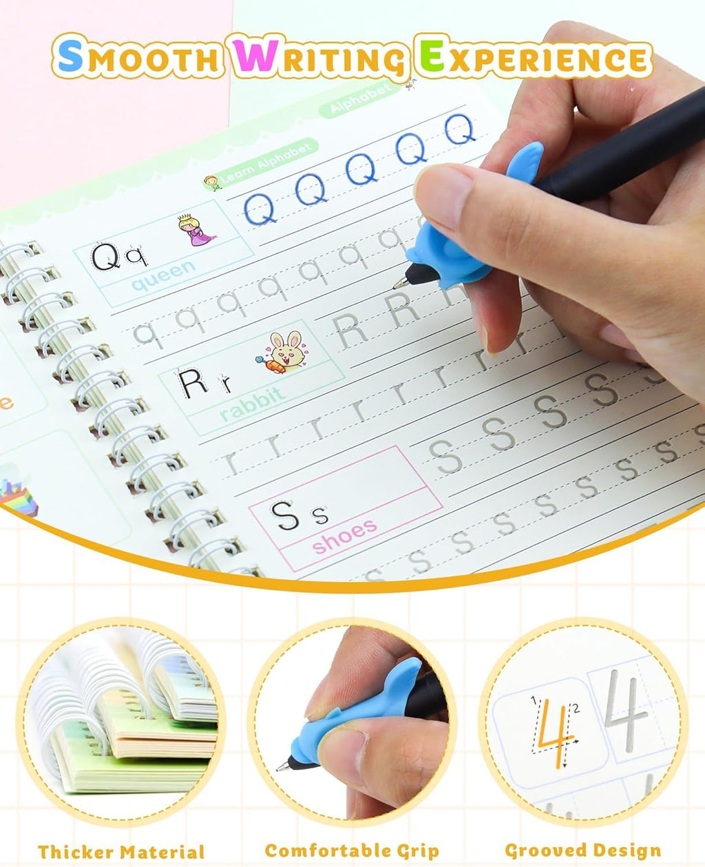 Magic Book for Kids, Sank Magic Practice Copybook, (4 Book+10 Refill+1 Pen+1 Grip) Number Tracing Book for Pre-Schoolers with Pen, Magic Calligraphy Copybook Set Writing Tool for Kids