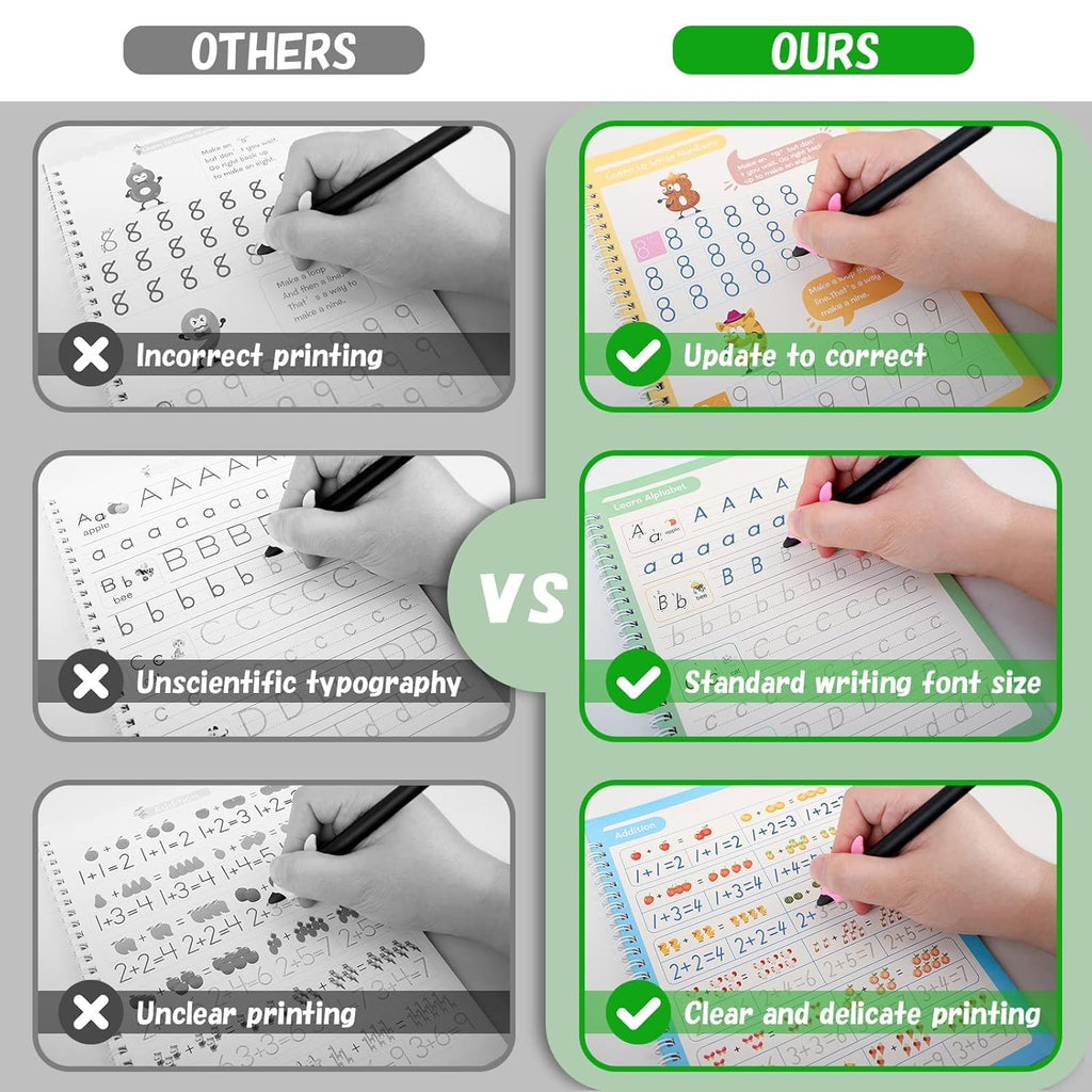 Magic Book for Kids, Sank Magic Practice Copybook, (4 Book+10 Refill+1 Pen+1 Grip) Number Tracing Book for Pre-Schoolers with Pen, Magic Calligraphy Copybook Set Writing Tool for Kids